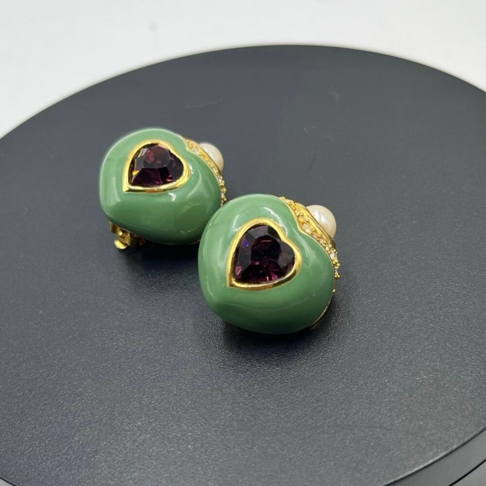 Joan Rivers Vintage Green Enamel Purple Rhinestone Puffy Heart Clip-On Earrings